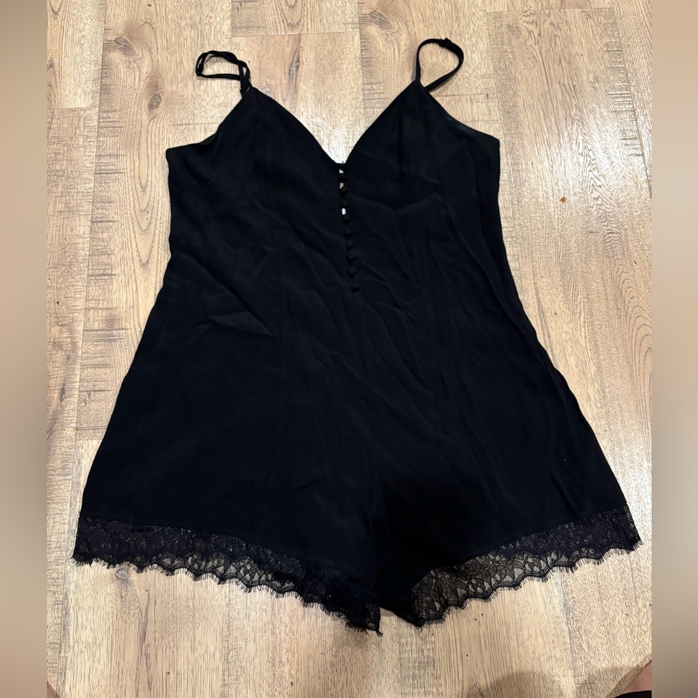 Lovers + Friends Black Lace-Trim Romper deep V back